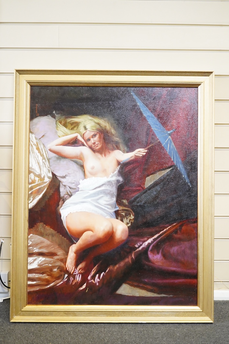 Continental School, Study of a semi-nude woman holding an umbrella, indistinctly signed, oil on canvas, 68 x 88cm